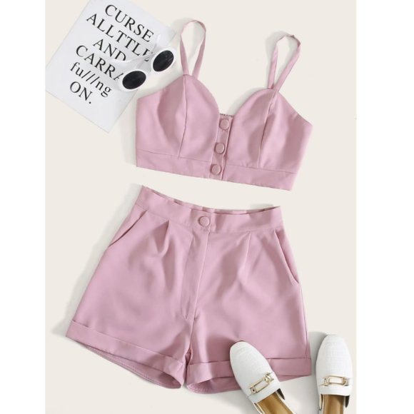 Pants - Pink Bustier style crop suit short set women size 4/6